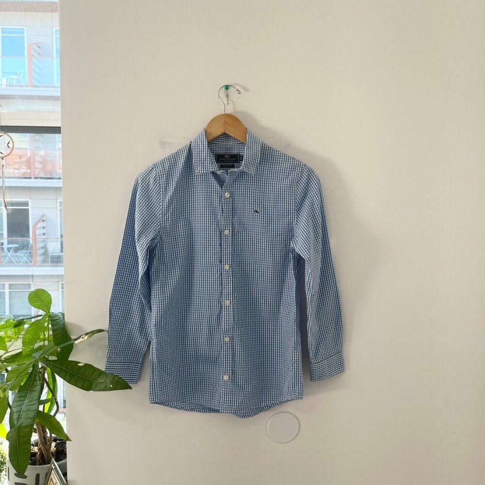 Vineyard Vines Boy's Blue & White Checkered Print Whale Button Up Size Medium